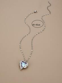 1pc Luxury Ocean Heart Stainless Steel Crystal Heart Necklace For Women, Suitable For Party, Daily Wear, European & American Style, Unique, Generous, Cubic Zirconia, Wedding Jewelry, Gift For Girl, Relative, Friend, Birthday, Valentine's Day, Gift For Lover - Silver - View 3