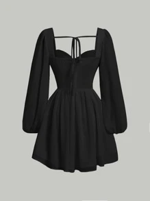 SHEIN MOD 素色前紐扣後背繫帶燈籠袖連衣裙 - 黑色 - 查看 2