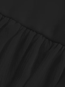 SHEIN MOD 素色前紐扣後背繫帶燈籠袖連衣裙 - 黑色 - 查看 3