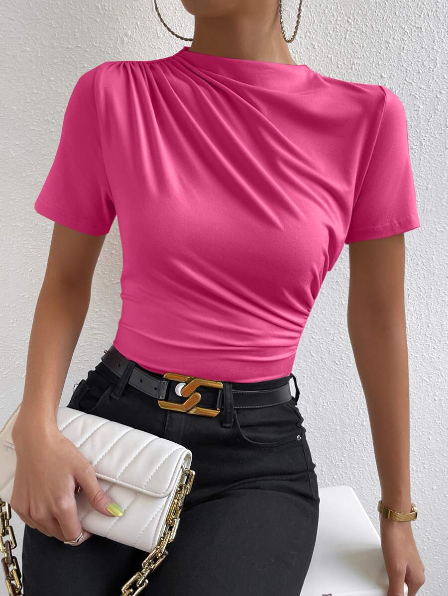 RosyDaze Solid Ruched Slim Fit Tee