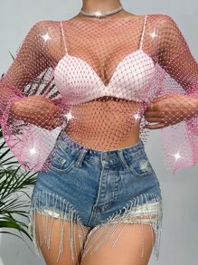 SHEIN Unity Áo nữ Pha lê kim cương cắt màu trơn Gợi cảm - Hồng - Xem 1