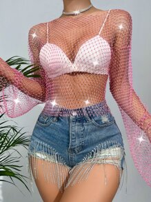 SHEIN Unity Áo nữ Pha lê kim cương cắt màu trơn Gợi cảm - Hồng - Xem 3