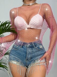 SHEIN Unity Áo nữ Pha lê kim cương cắt màu trơn Gợi cảm - Hồng - Xem 5
