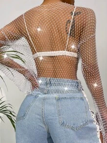 Zolique Rhinestone Studded Fishnet Mesh Top Without Bra - White - View 2
