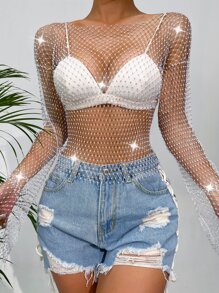 Zolique Rhinestone Studded Fishnet Mesh Top Without Bra - White - View 3