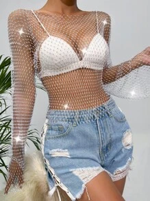 Zolique Rhinestone Studded Fishnet Mesh Top Without Bra - White - View 5