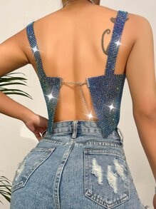 Allurite Top à fines brides court à strass à chaîne - Bleu azur - Voir 2