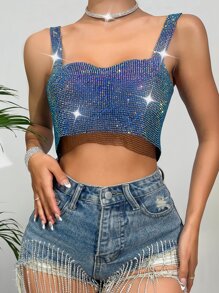 Allurite Top à fines brides court à strass à chaîne - Bleu azur - Voir 4