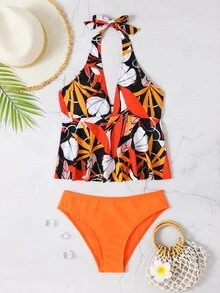 Tropical Print Halter Tankini Summer Beach - Multicolor - View 3