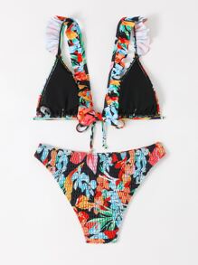 SHEIN Swim Conjunto de bikini de verano con estampado floral y tropical y ribete de volantes para playa - Multicolor - Ver 4