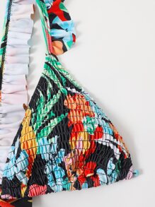 SHEIN Swim Conjunto de bikini de verano con estampado floral y tropical y ribete de volantes para playa - Multicolor - Ver 5