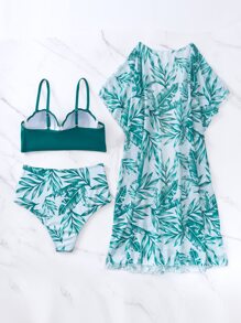 Swim Lushoire Tropical Print Push Up Bikini Set With Kimono,Summer Beach - Green - View 3