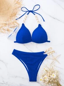 Conjunto de bikini de verano con triángulo de cuello halter y cadena vinculada para playa - Azul - Ver 3