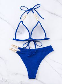 Conjunto de bikini de verano con triángulo de cuello halter y cadena vinculada para playa - Azul - Ver 2