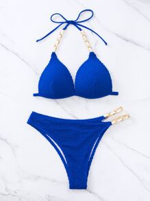 Conjunto de bikini de verano con triángulo de cuello halter y cadena vinculada para playa - Azul - Ver 4