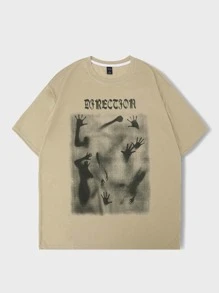 ROMWE MEN Street Life 男士棉字母手圖案T恤 - 卡其色 - 查看 1