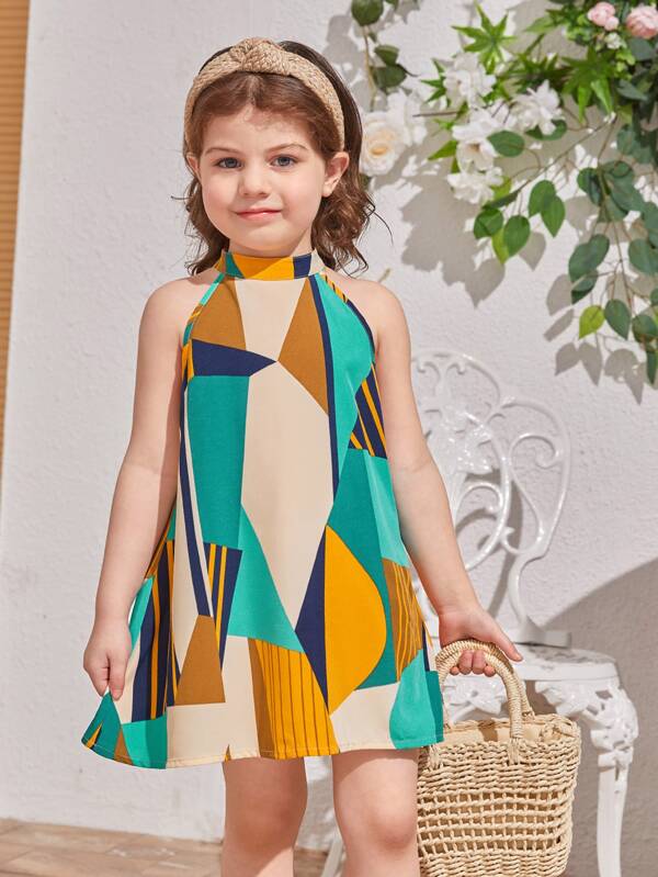 SHEIN Kids SUNSHNE Toddler Girls Geo Print Halter Neck Dress SHEIN USA