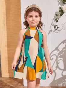 SHEIN Váy dài đến đầu gối in họa tiết hình học không tay cổ đứng giản dị cho bé gái trẻ - màu xanh lá - Xem 5