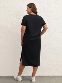 SHEIN BASICS Plus  Solid Split Thigh Tee Dress - Black - View 2