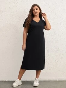SHEIN BASICS Plus  Solid Split Thigh Tee Dress - Black - View 3