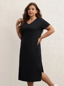 SHEIN BASICS Plus  Solid Split Thigh Tee Dress - Black - View 4