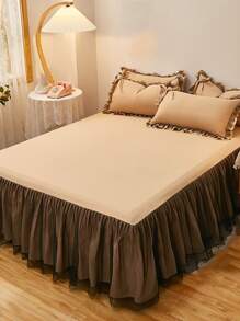 1入組蕾絲裝飾床裙現代超細纖維荷葉邊飾撞色蕾絲床上用品床裙四季皆宜 - 卡其色 - 查看 1