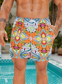 Manfinity Men Floral Print Drawstring Waist Swim Trunks - Multicolor - View 1