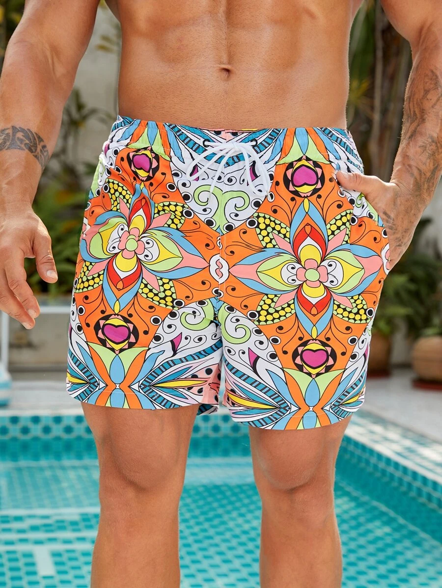 Manfinity Men Floral Print Drawstring Waist Swim Trunks - Multicolor - View 1