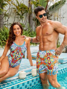 Manfinity Men Floral Print Drawstring Waist Swim Trunks - Multicolor - View 4