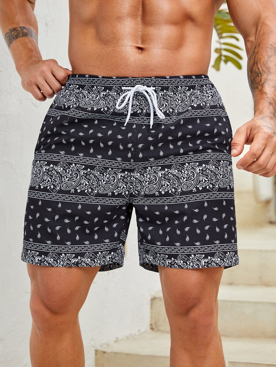 Manfinity Swimmode Hombres Shorts de natación con estampado de paisley de cintura con cordón - Blanco y Negro - Ver 1