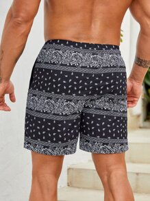 Manfinity Swimmode Hombres Shorts de natación con estampado de paisley de cintura con cordón - Blanco y Negro - Ver 2