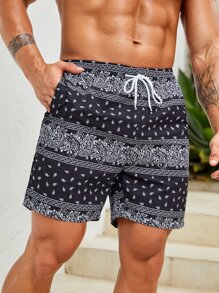 Manfinity Swimmode Hombres Shorts de natación con estampado de paisley de cintura con cordón - Blanco y Negro - Ver 6