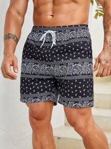 Manfinity Swimmode Hombres Shorts de natación con estampado de paisley de cintura con cordón - Blanco y Negro - Ver 7