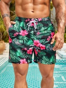 Manfinity Swimmode Shorts de baño para hombres con estampado gráfico tropical, cintura con cordón elástico, para playa, vacaciones, Hawaiian - Multicolor - Ver 1