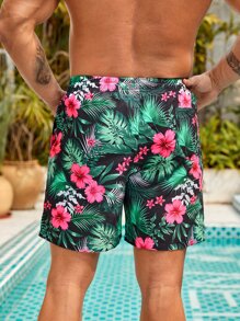 Manfinity Swimmode Shorts de baño para hombres con estampado gráfico tropical, cintura con cordón elástico, para playa, vacaciones, Hawaiian - Multicolor - Ver 2