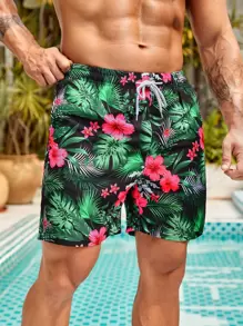 Manfinity Swimmode Shorts de baño para hombres con estampado gráfico tropical, cintura con cordón elástico, para playa, vacaciones, Hawaiian - Multicolor - Ver 3
