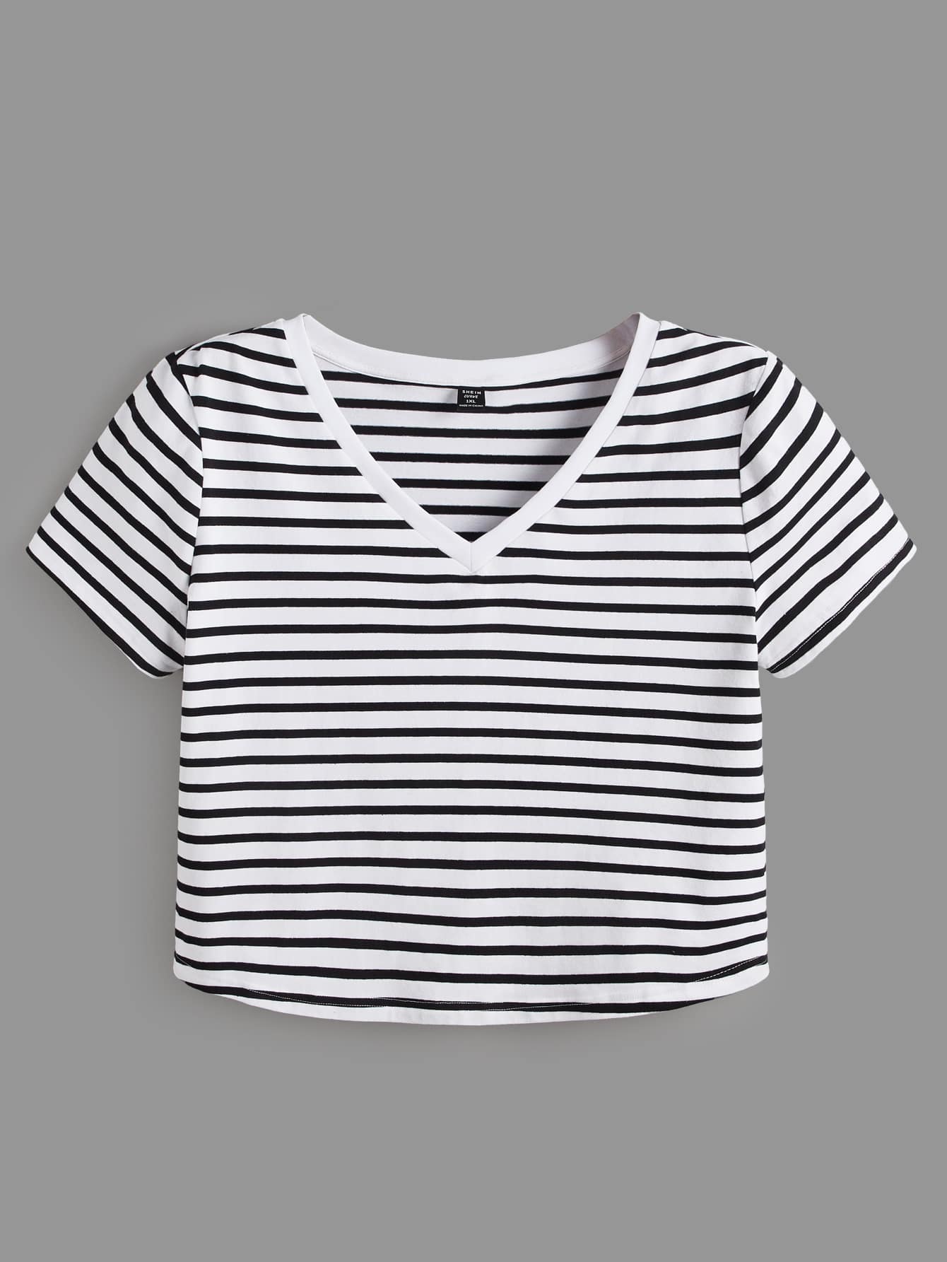 SHEIN BASICS Camiseta Con Cuello En V Y Estampado De Rayas - Blanco y Negro - Ver 1