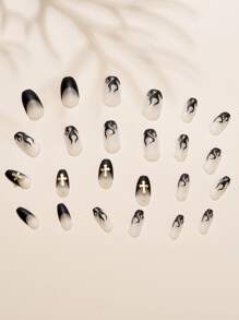 萬聖節24入組短杏仁造型時尚火焰和交叉圖案全覆蓋假指甲帶吊墜適用於節日,派對,舞蹈,日常穿著帶1果凍膠水和1指甲銼 - 彩色 - 查看 5