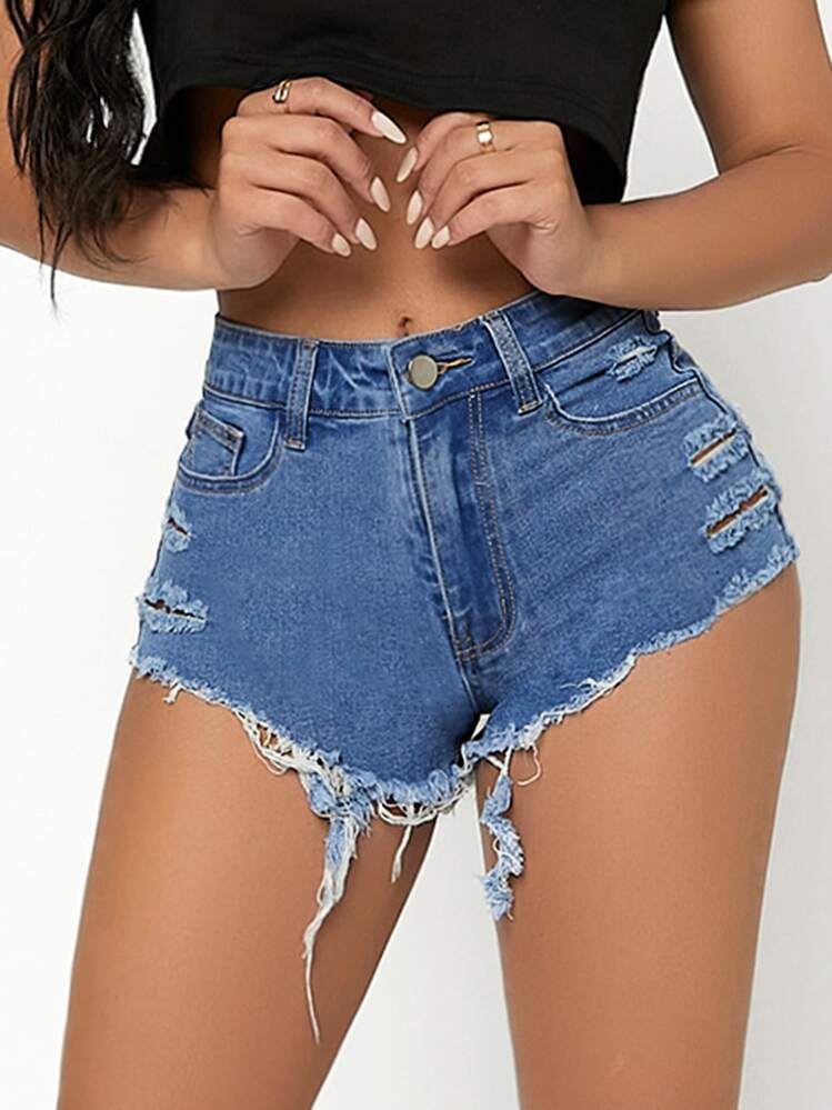 SHEIN PETITE כיס מכפלת פרומה רוכסן פשוט מכנס ג'ינס קצר - שטיפה בינונית - ראה 3