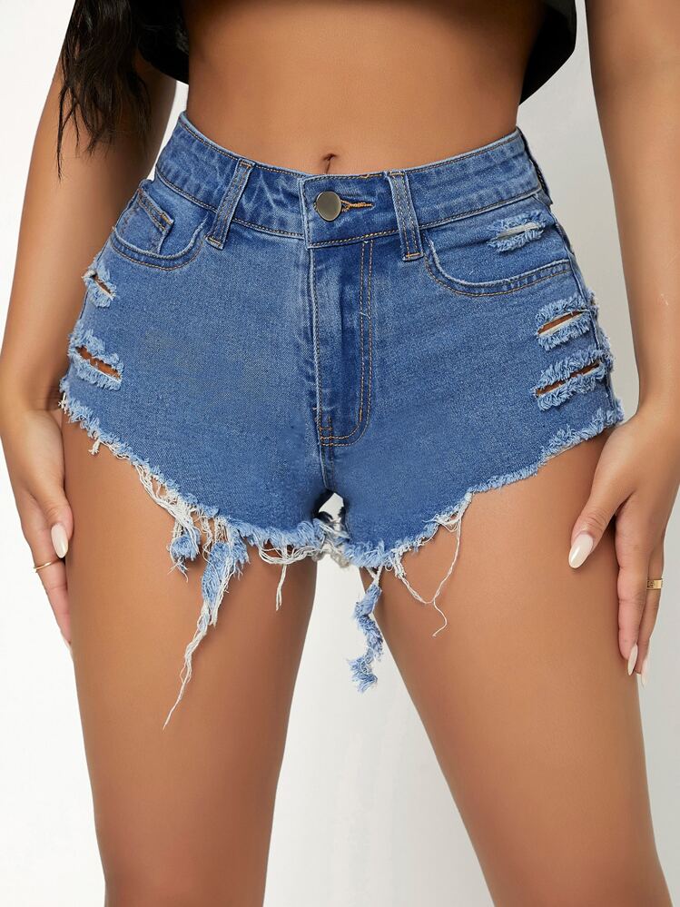 SHEIN PETITE כיס מכפלת פרומה רוכסן פשוט מכנס ג'ינס קצר - שטיפה בינונית - ראה 4