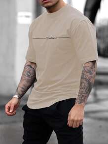 Manfinity Homme Men Letter Graphic Casual Short Sleeve Tee, Boyfriend Gift, For Work - Khaki - View 1