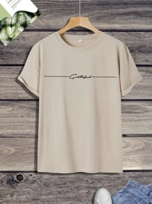 Manfinity Homme Men Letter Graphic Casual Short Sleeve Tee, Boyfriend Gift, For Work - Khaki - View 3