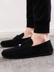 男士蝴蝶結裝飾休閒極簡黑色仿麂皮樂福鞋