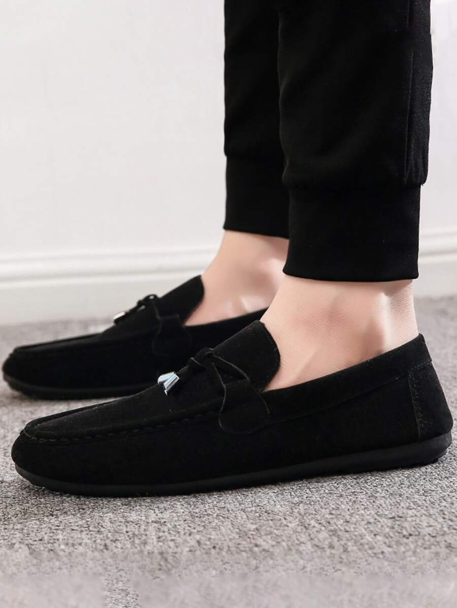 男士蝴蝶結裝飾休閒極簡黑色仿麂皮樂福鞋