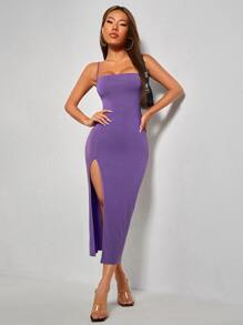 SHEIN PETITE 高衩露背繫帶高衩吊帶連衣裙 - 紫色 - 查看 1