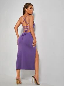 SHEIN PETITE 高衩露背繫帶高衩吊帶連衣裙 - 紫色 - 查看 2