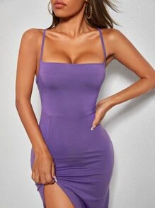 SHEIN PETITE 高衩露背繫帶高衩吊帶連衣裙 - 紫色 - 查看 5