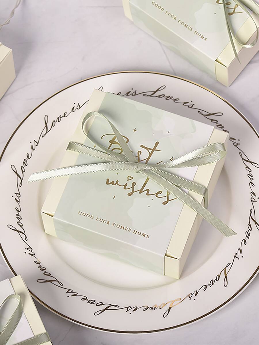 10pcs Metallic Slogan Graphic Gift Box, Bow Decor Romantic Green Paper Gift Wrapping Box For Party - Green - View 1