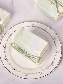 10pcs Metallic Slogan Graphic Gift Box, Bow Decor Romantic Green Paper Gift Wrapping Box For Party - Green - View 3