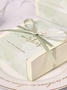 10pcs Metallic Slogan Graphic Gift Box, Bow Decor Romantic Green Paper Gift Wrapping Box For Party - Green - View 4